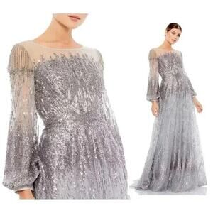 NWT Mac Duggal 20307 Platinum Gray Jewel Encrusted‎ Illusion Long Sleeve Gown